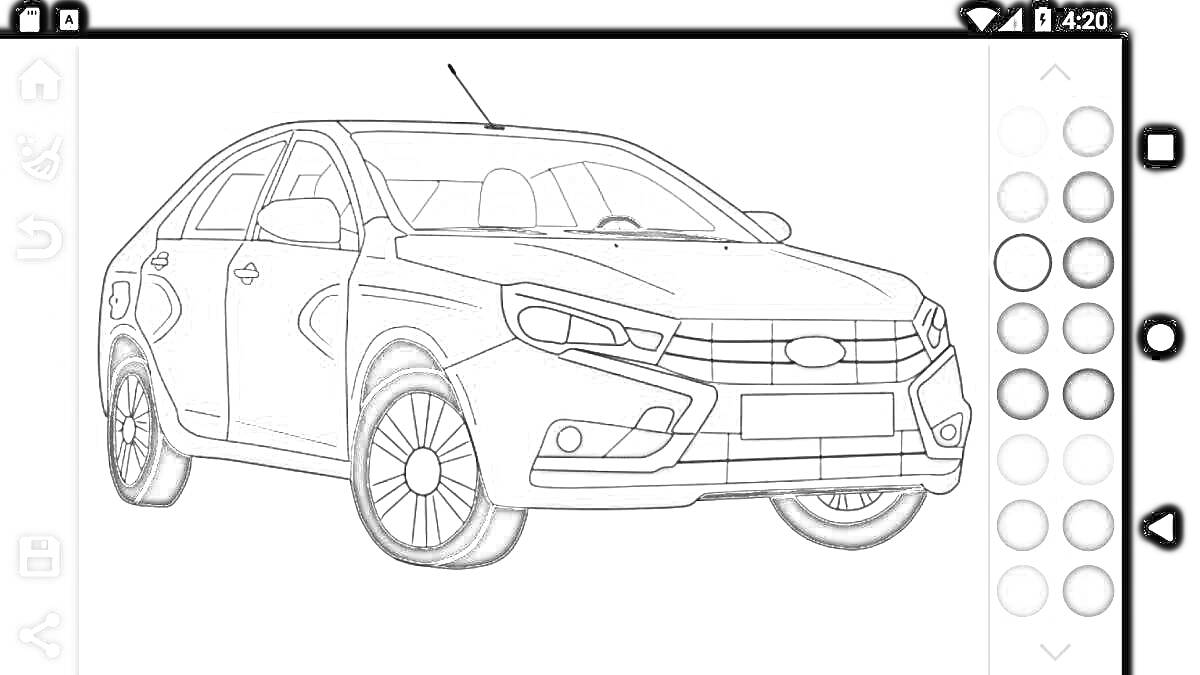Раскраска Раскраска с изображением машины, детальная трехмерная модель автомобиля, российский седан, отображены передние и боковые элементы, палитра цветов для раскрашивания