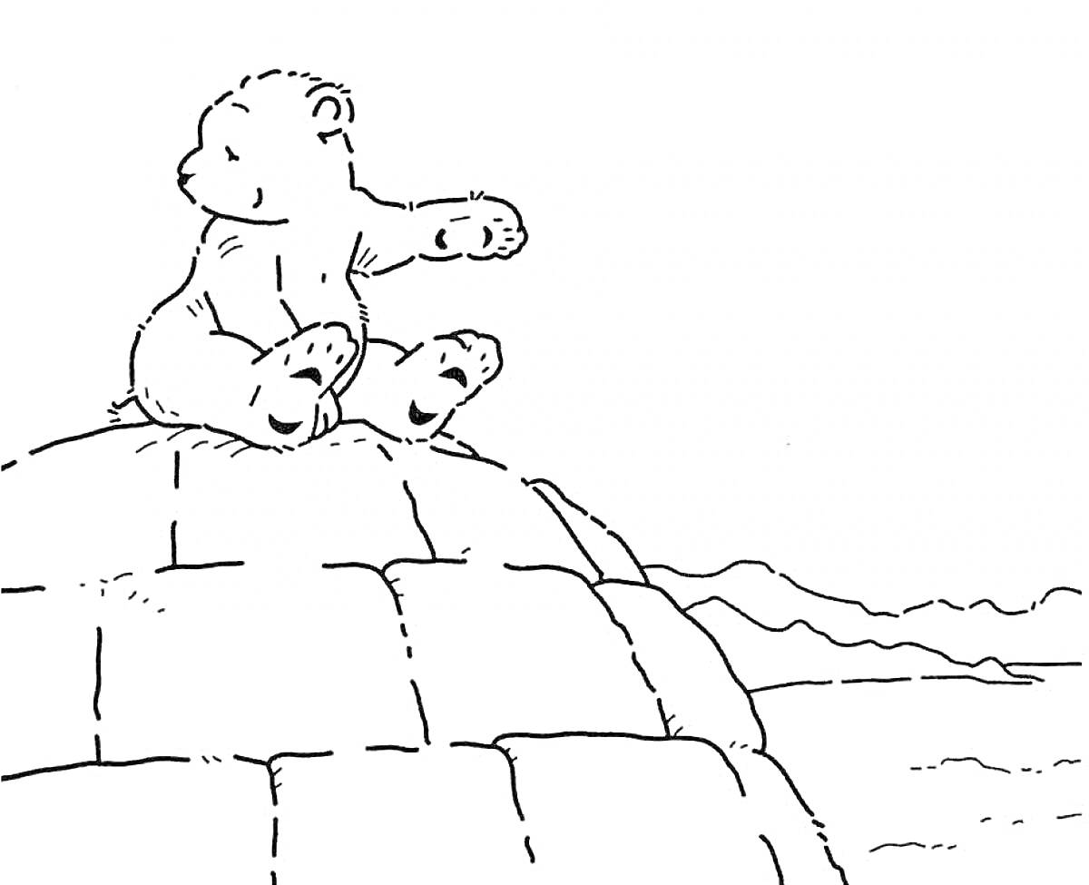 Медвежонок на куполе иглу с видом на горы и водоём