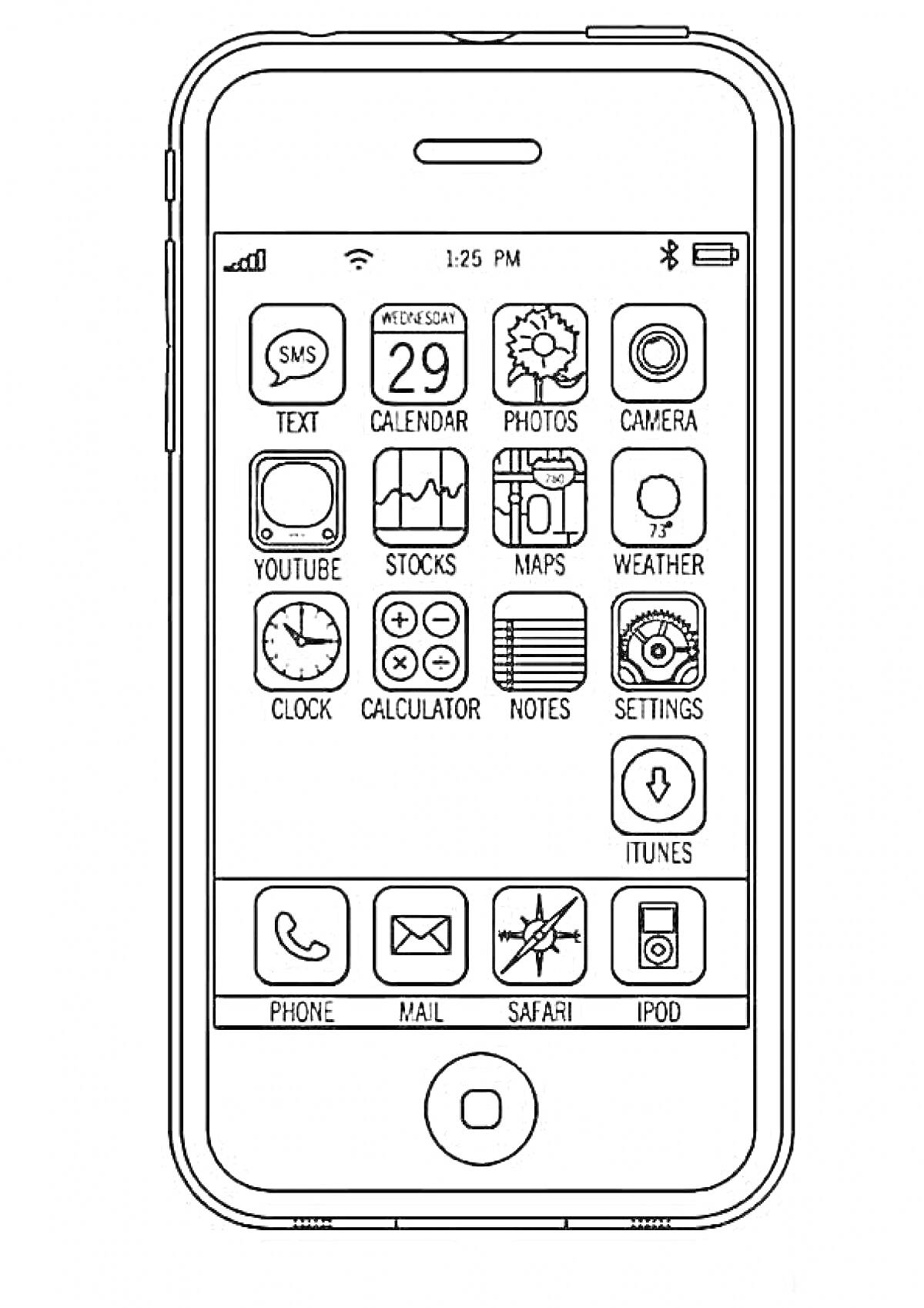Раскраска Айфон с иконками приложений — SMS, календарь, фотографии, камера, YouTube, акции, карты, погода, часы, калькулятор, заметки, настройки, iTunes, телефон, почта, Safari, iPod