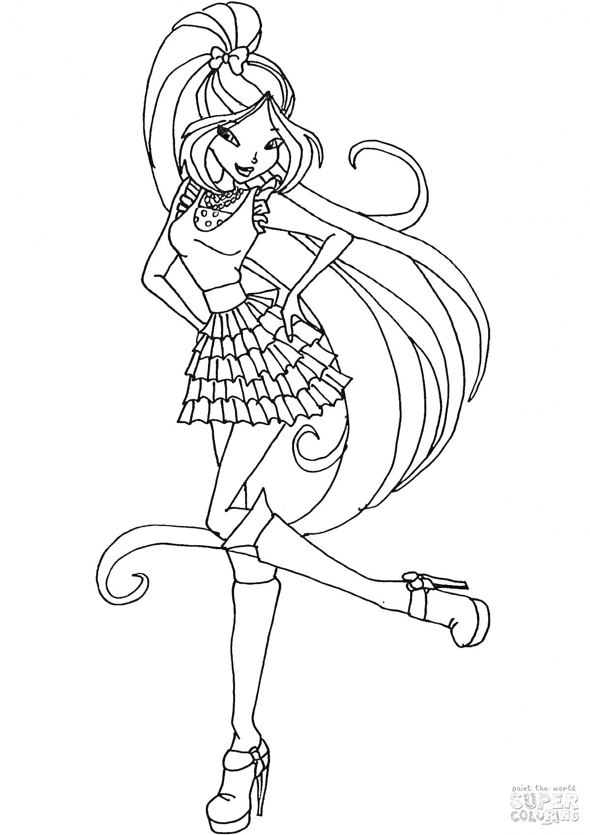 Раскраска Элегантная девушка-фея с длинными волосами в платье и на каблуках