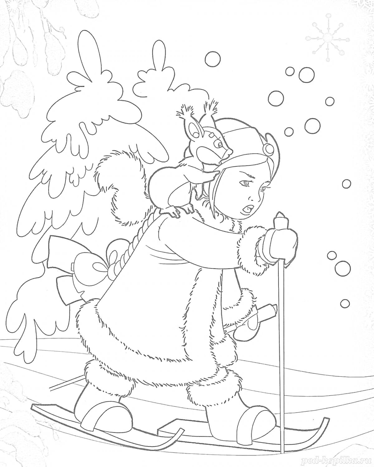 На раскраске изображено: Девочка, Лыжи, Белка, Снегопад, Зима, Лес, Снежинки, Зимняя одежда, Новогодняя сказка