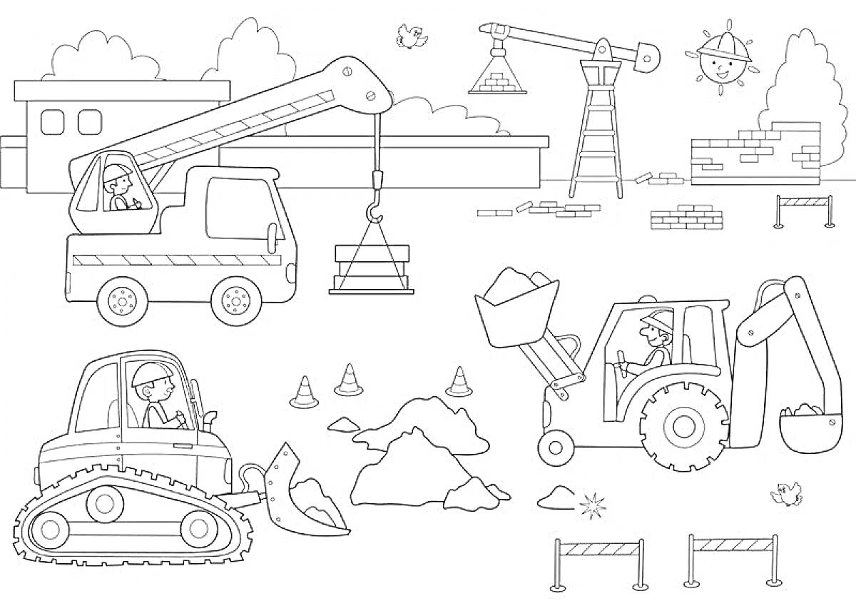 Раскраска Стройка с автомобилями и экскаваторами