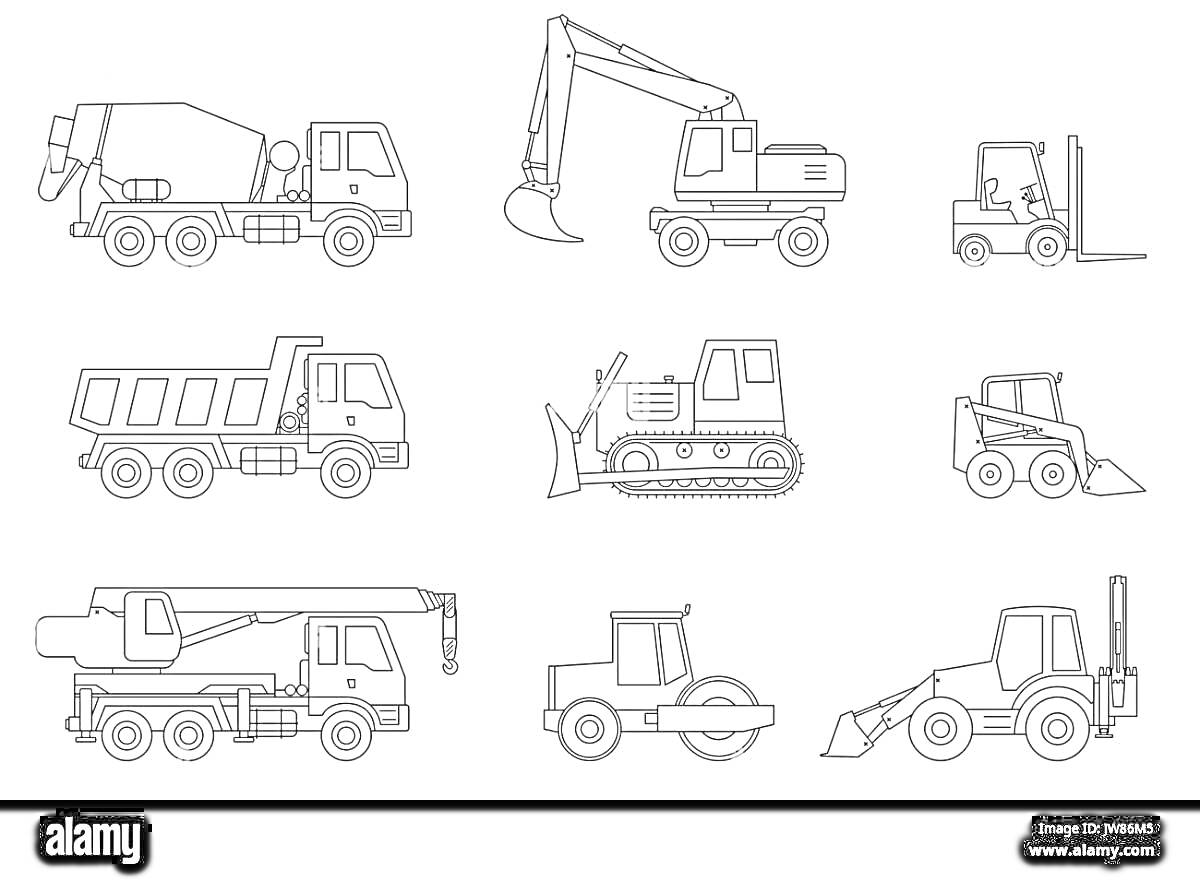 Раскраска Строительные машинки: миксер, экскаватор, вилочный погрузчик, самосвал, бульдозер, мини-погрузчик, кран, каток, фронтальный погрузчик