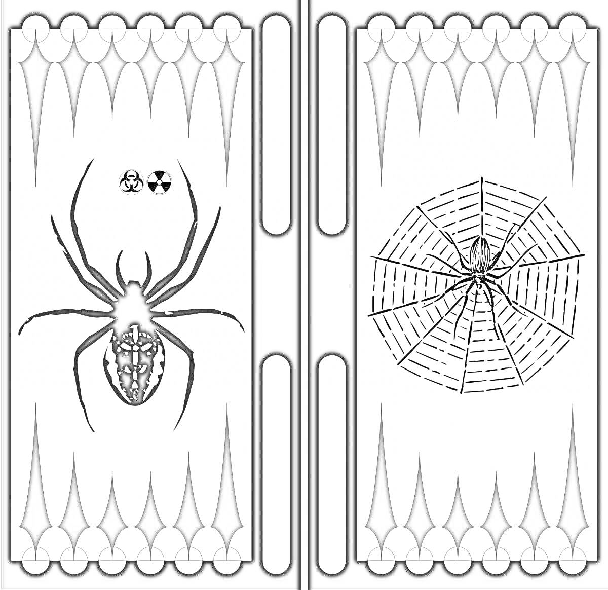 Раскраска Нарды с пауком, узорами, паутиной и игровыми элементами
