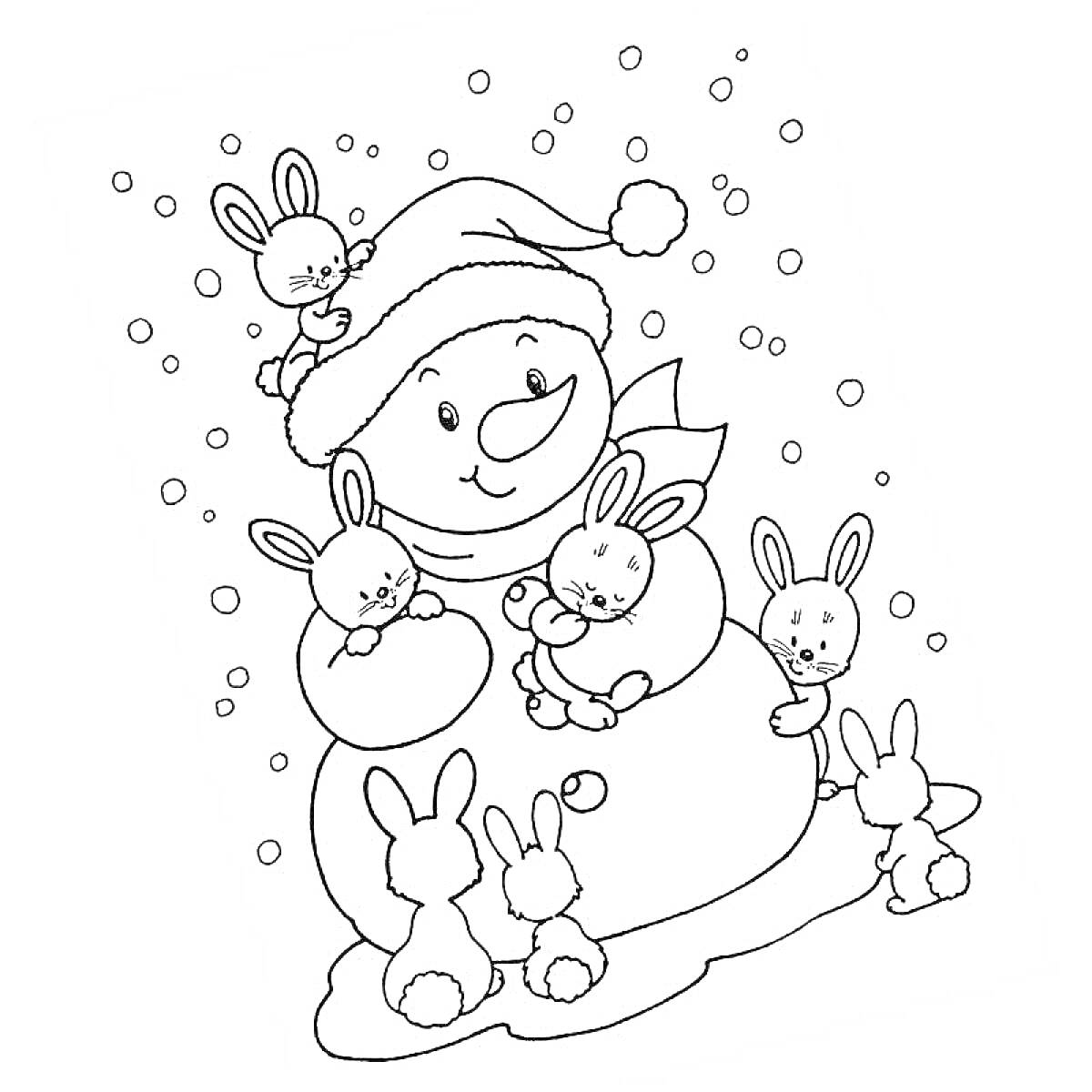 На раскраске изображено: Зайцы, Новогодняя шапка, Снег, Зима, Новый год, Снеговики