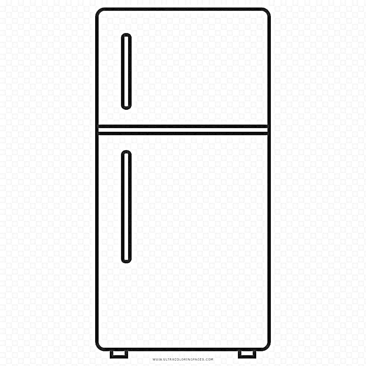 Раскраска с изображением холодильника с верхней и нижней дверцами, каждая из которых имеет длинную вертикальную ручку