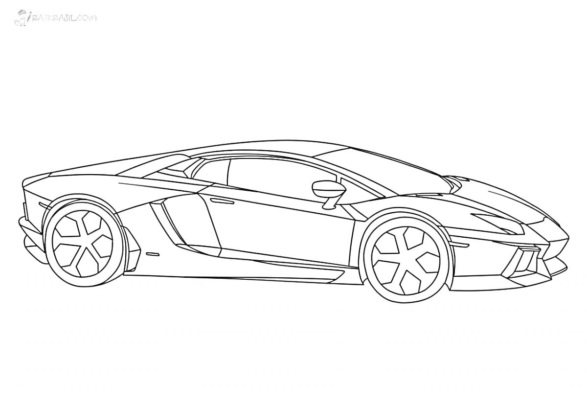 Раскраска Рисунок-схема спортивного автомобиля Lamborghini, вид сбоку. На изображении: корпус автомобиля, двери, окна, фары передние, колеса, шины, диски, зеркала боковые.