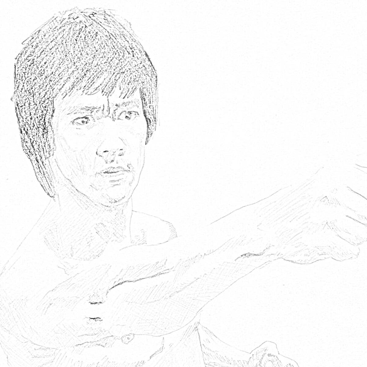Раскраска Рисунок Брюса Ли в боевой стойке с вытянутой рукой