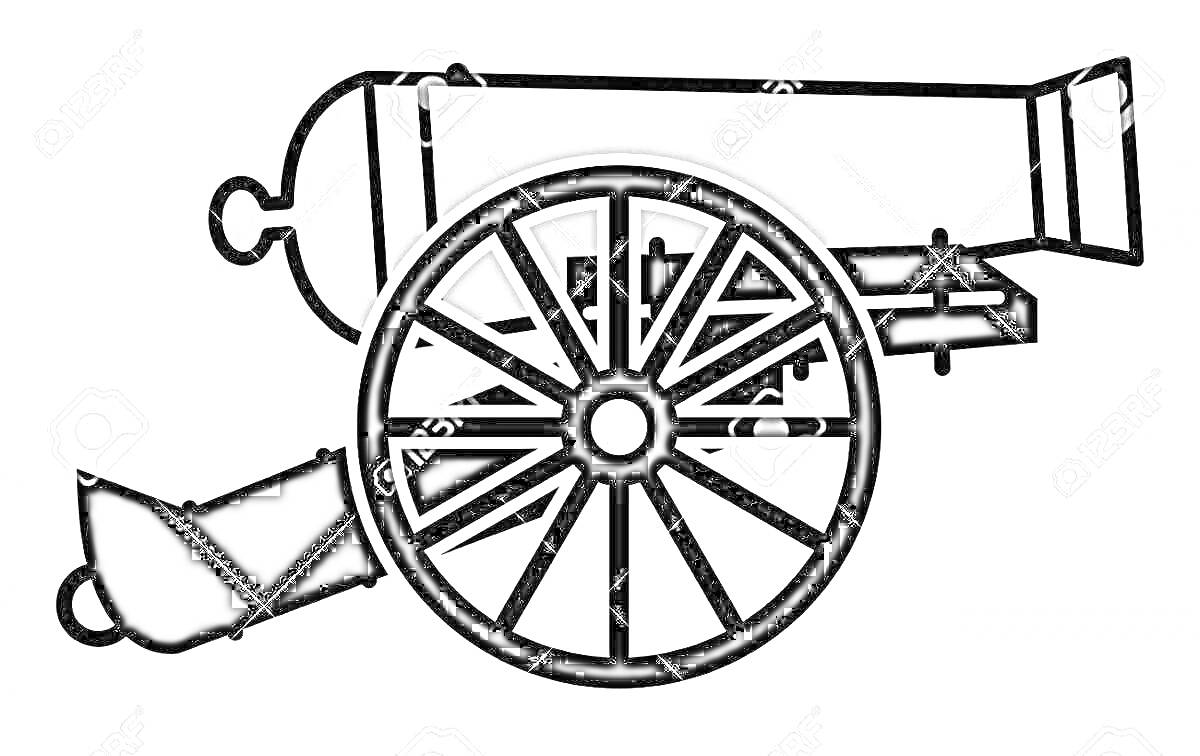 Раскраска Царь-пушка с пушечным ядром и деревянным колесом