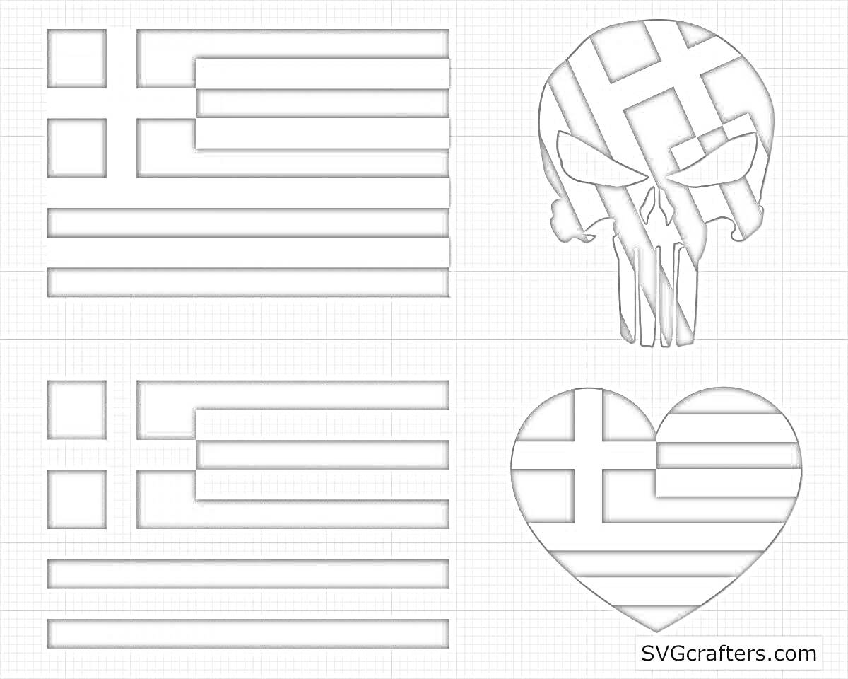 Раскраска набор элементов с флагом Греции: два прямоугольных флага, череп с флагом Греции и сердце с флагом Греции