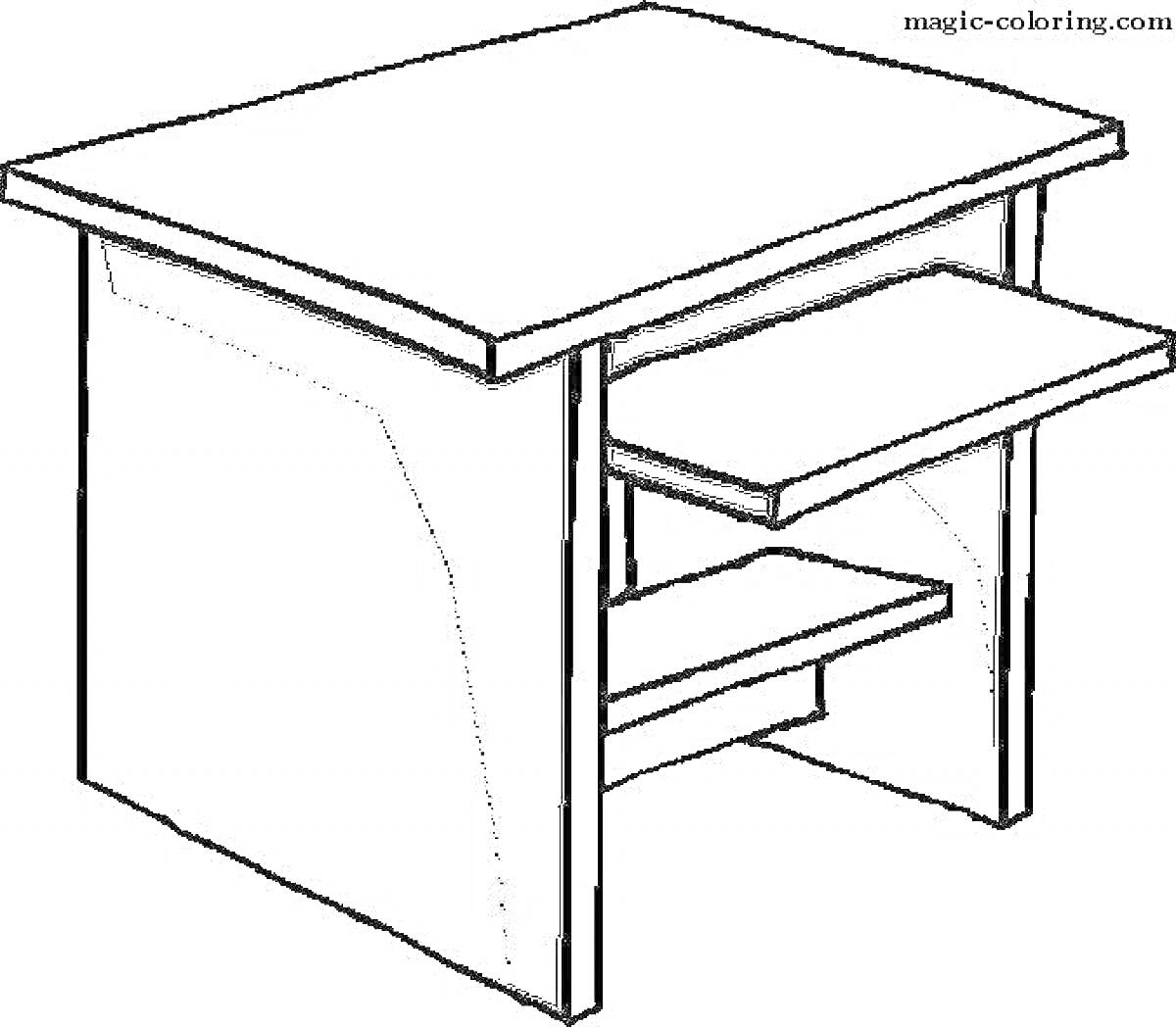 На раскраске изображено: Письменный стол, Мебель, Столешница, Стол, Полки