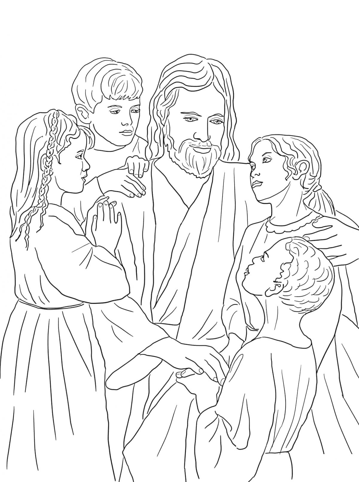 На раскраске изображено: Иисус, Христос, Христианство, Религия, Забота, Доброта