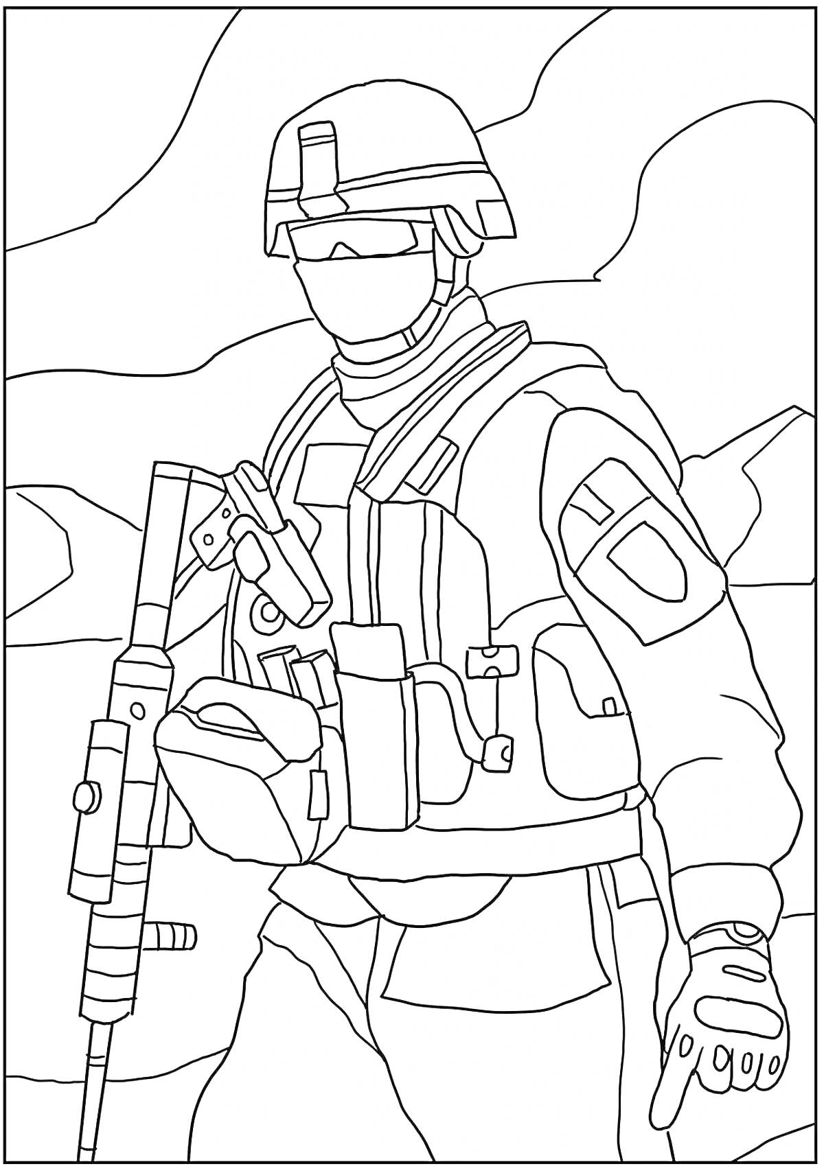 Раскраска Спецназовец с автоматом, в полной экипировке, с защитным жилетом, с каской, с очками, с кобурой и тактическими элементами