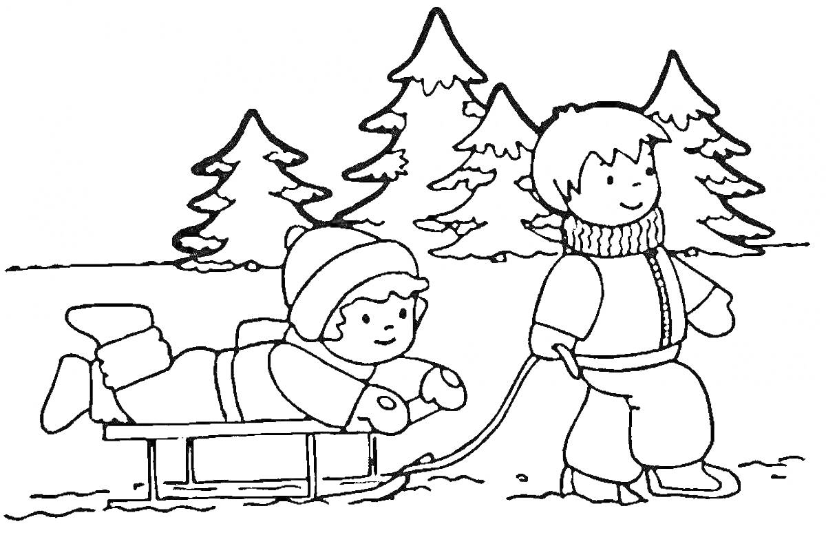 Раскраска дети катаются на санках среди елей зимой