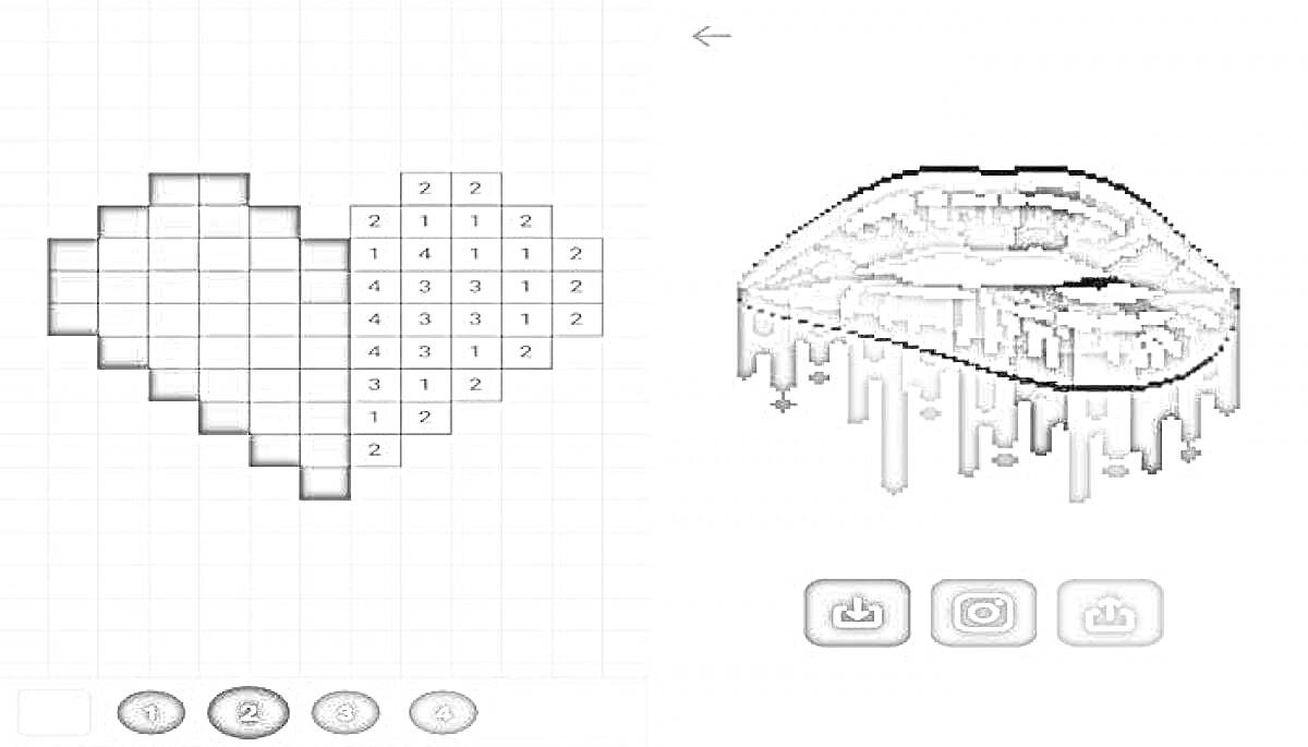 На раскраске изображено: Пиксель-арт, Губы, Капли, Нумерация, Цифры, Сетка