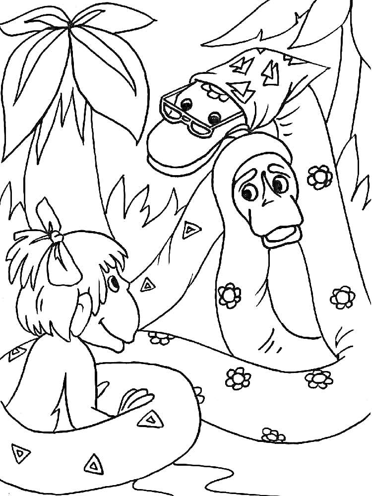 Раскраска Обезьянка рядом с Удавом в очках и шляпе среди джунглей
