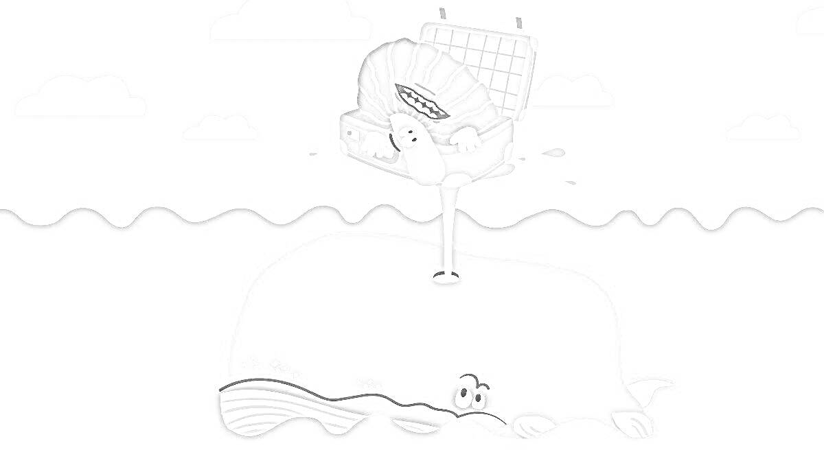 Раскраска Кит с фонтаном воды и кресло в море