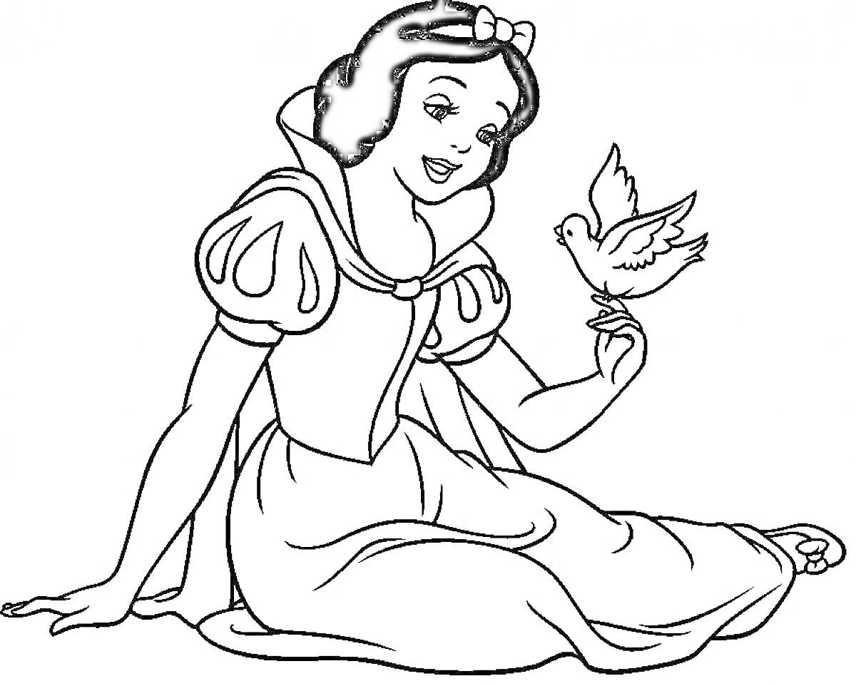 Раскраска Принцесса с птицей, сидящая на земле
