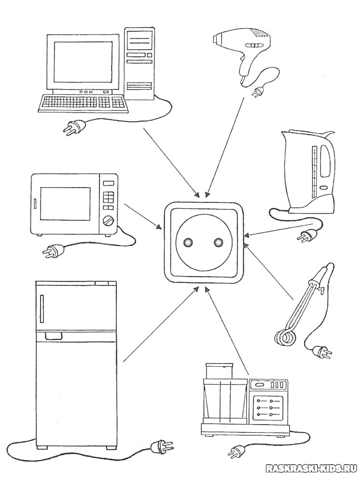 Раскраска Электроприборы (компьютер, фен, электрочайник, микроволновая печь, холодильник, пылесос, кухонный комбайн, розетка)