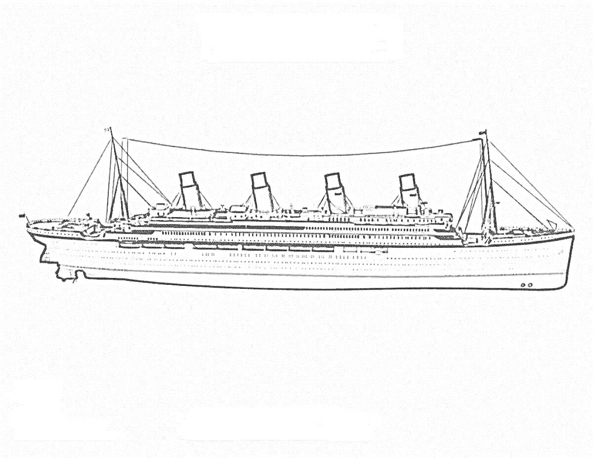 Раскраска Круизный лайнер Olympic с четырьмя трубами и поднятыми мачтами