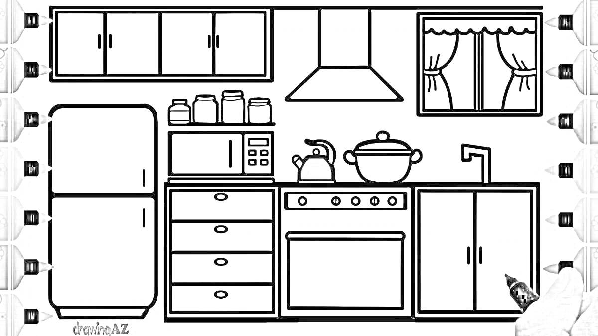 Раскраска Кухня с верхними шкафчиками, окном с занавесками, вытяжкой, банками на микроволновой печи, холодильником, чайником на плите, кастрюлей, раковиной и нижними шкафчиками