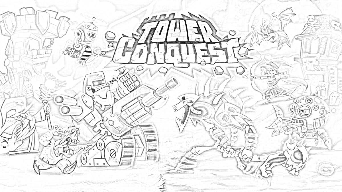 Раскраска Tower Conquest - Роботы против монстров. Робот в танке, вражеские монстры, башни, логотип