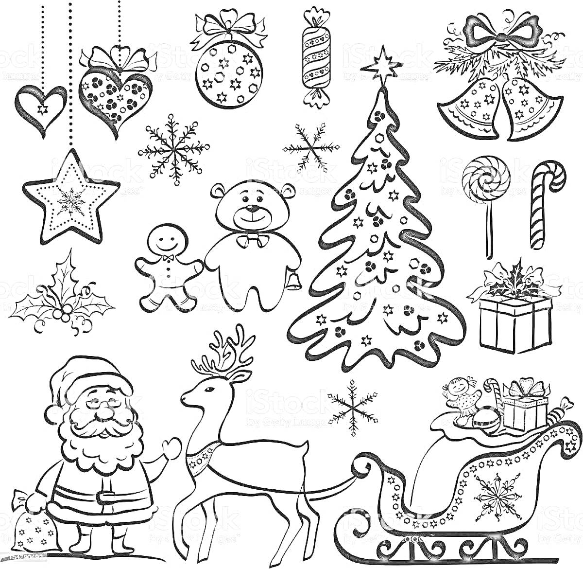 Раскраска Новогодние наклейки с елкой, подарками, Санта Клаусом, оленем, санями, снеговиком, конфетами, колокольчиками, елочными украшениями, пряничным человечком и медведем.