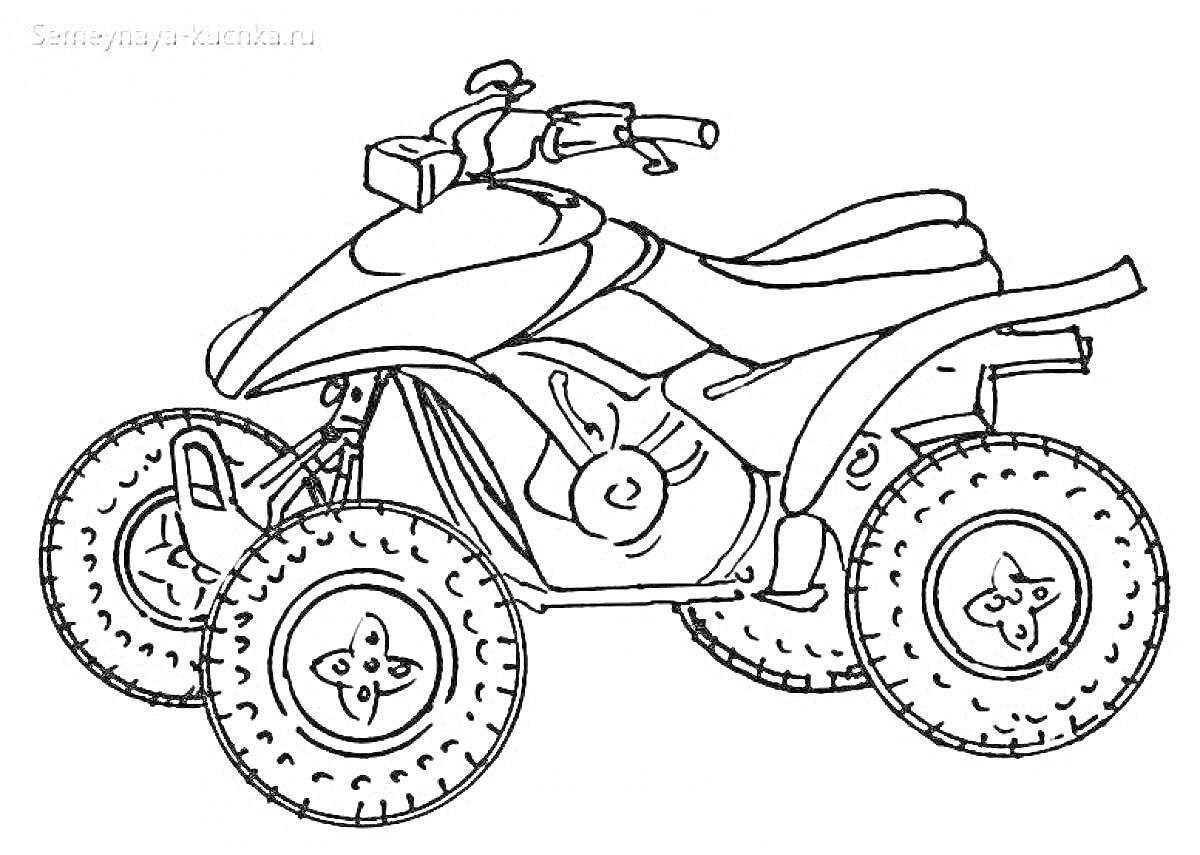 На раскраске изображено: Квадроцикл, Транспорт, 6 лет, Колеса, Руль, Двигатели