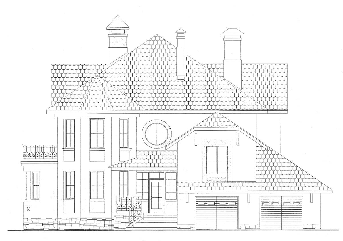 На раскраске изображено: Кирпичный дом, Дымоходы, Гараж, Лестница, Крыша, Балкон