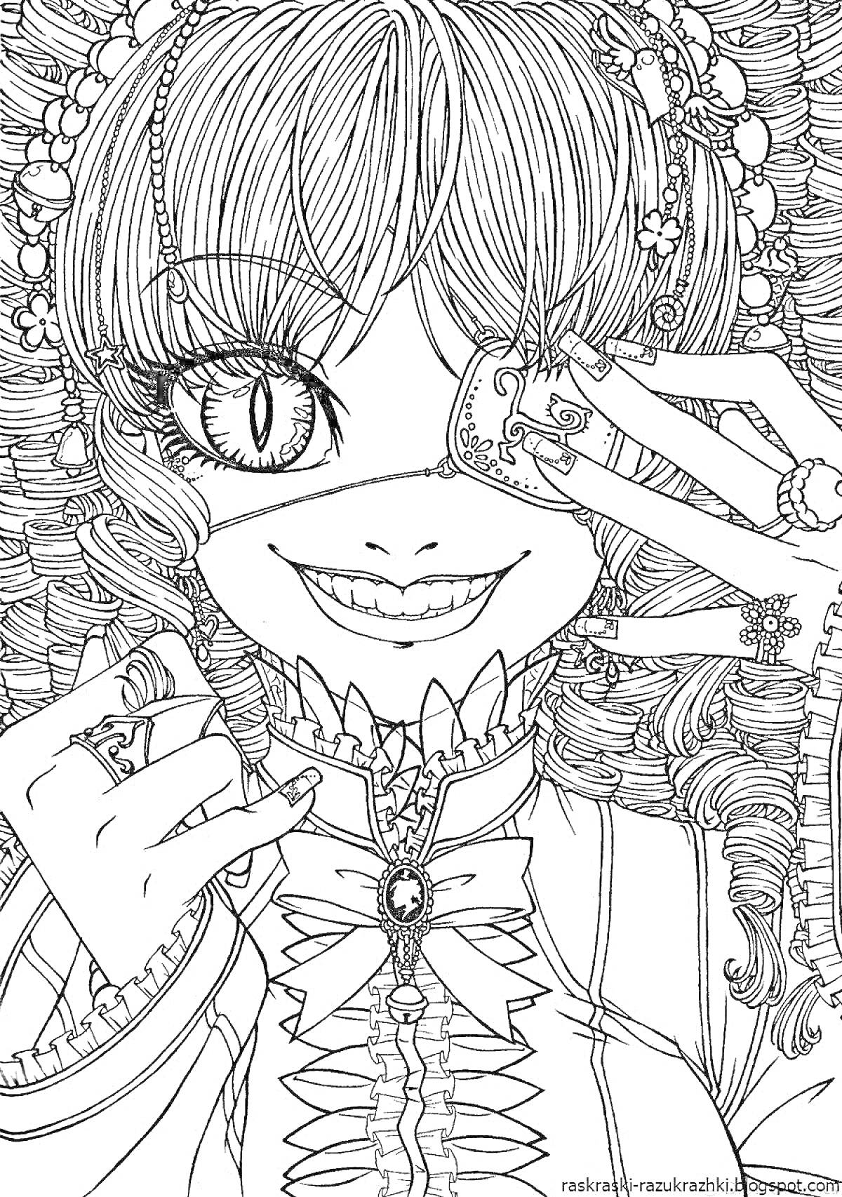 Раскраска Девушка с вьющимися волосами и аксессуарами, прикрывающая один глаз картой
