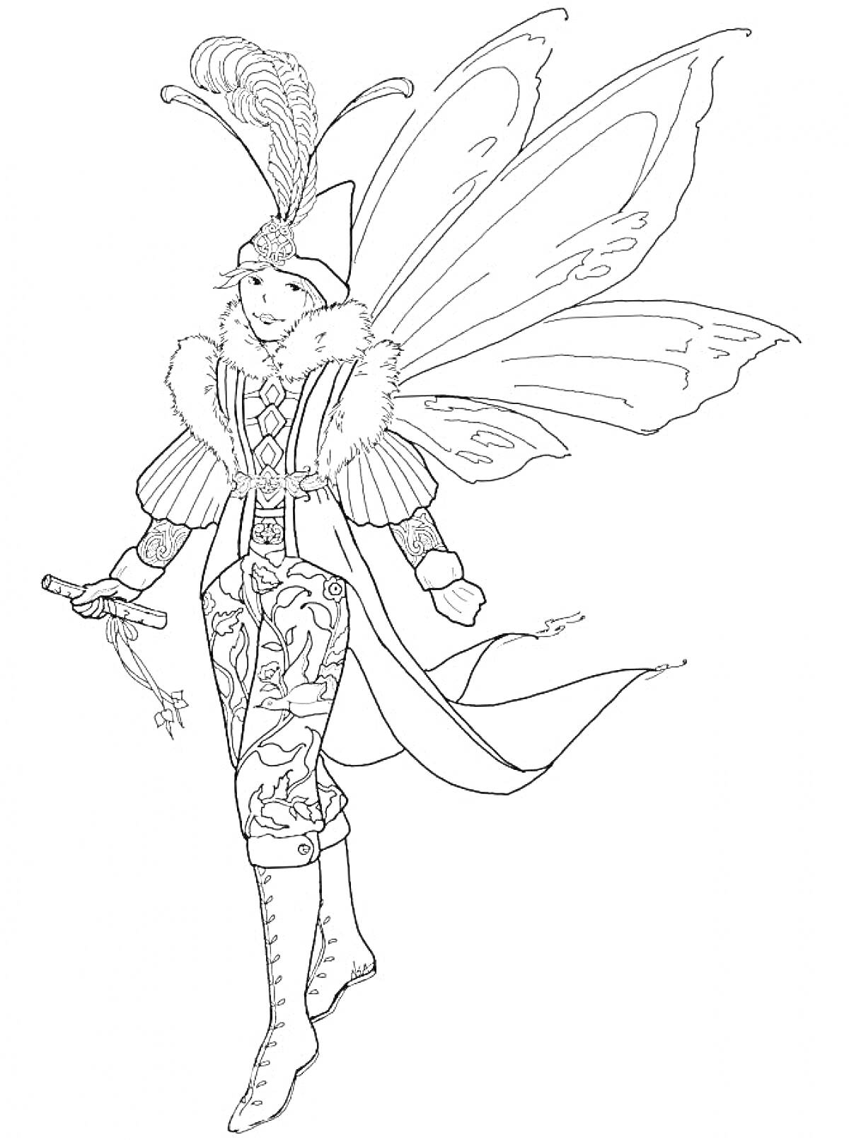 Раскраска Эльф с мечом, в шляпе с пером и крыльями, в длинном пальто и сапогах