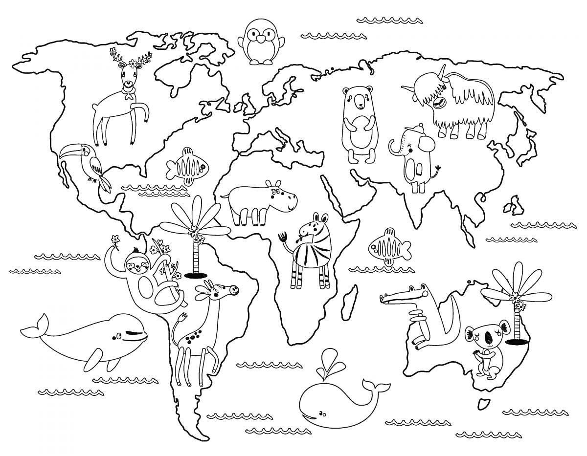 На раскраске изображено: Карта, Животные, Карта мира, Олень, Птица, Рыба, Медведь, Бизон, Слон, Коала