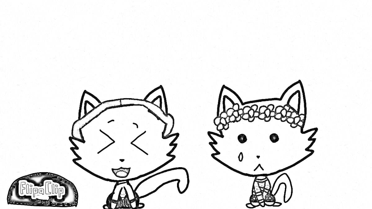 Раскраска два кота, один с красно-синей шапкой и улыбкой, другой в сиреневой кофте, в цветочном венке и грустный, рядом черная кепка с логотипом 