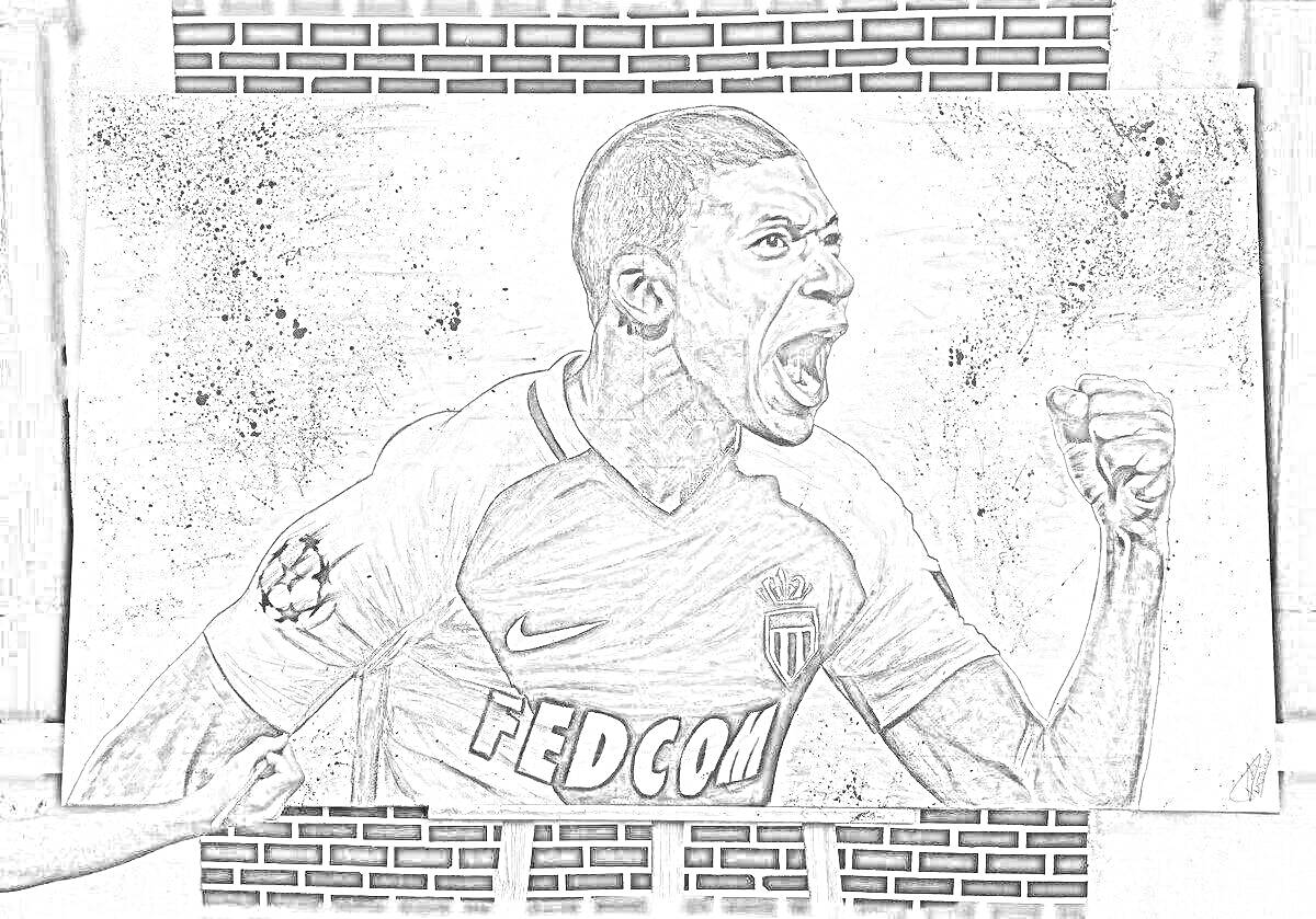 На раскраске изображено: Футболист, Спортивная форма, Кирпичная стена, Граффити
