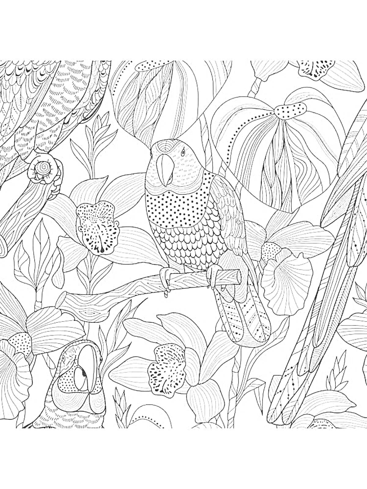 Раскраска Попугаи и цветы среди листьев на ветках