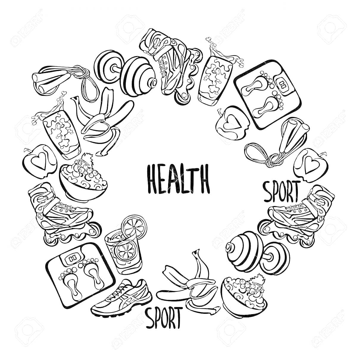 На раскраске изображено: Здоровье, Спорт, Фитнес, Роликовые коньки, Скакалка, Весы, Салат, Кроссовки, Яблоко, Гантели, Одежда, Гиря