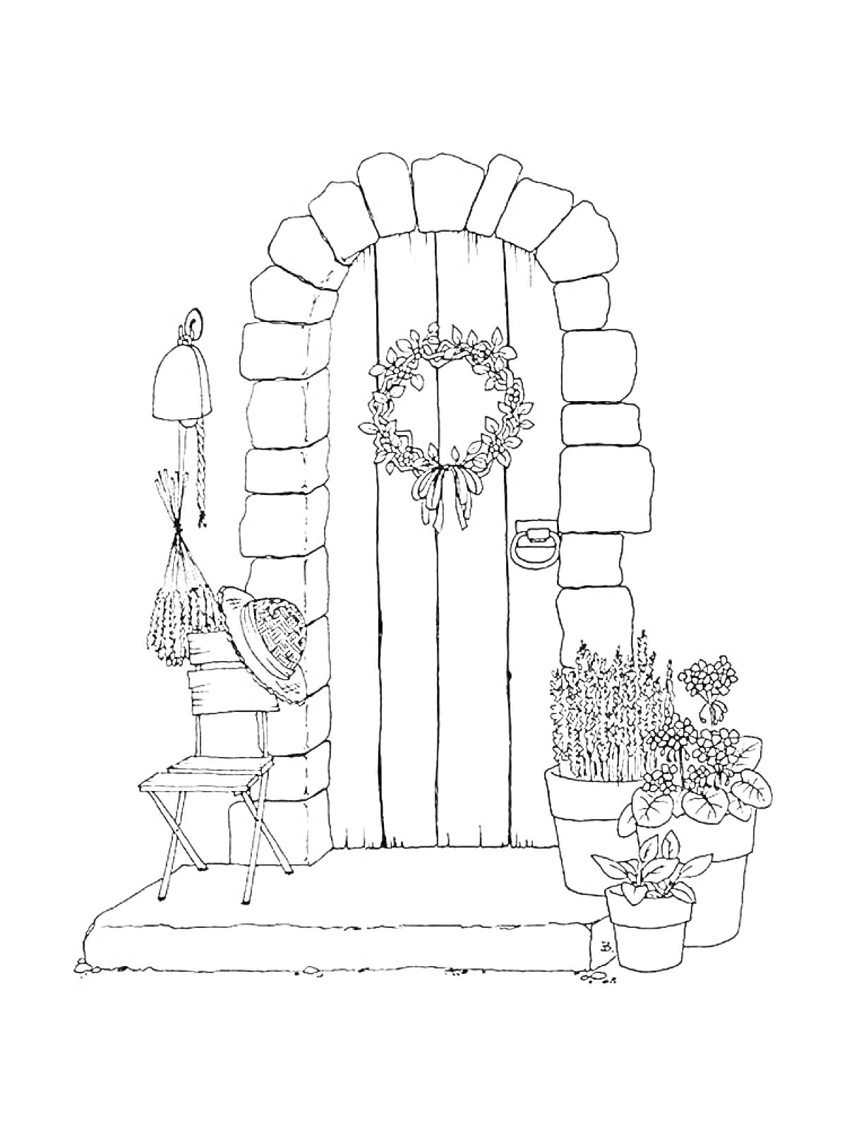 Раскраска Деревянная дверь с венком и цветами в горшках