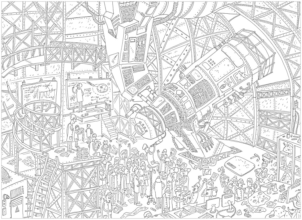 Раскраска Обсерватория с телескопом, группа ученых, проекторы с изображениями, панели управления, лестницы, крупный телескоп, башня обсерватории, научное оборудование, схема на стене, научные книги, технические устройства