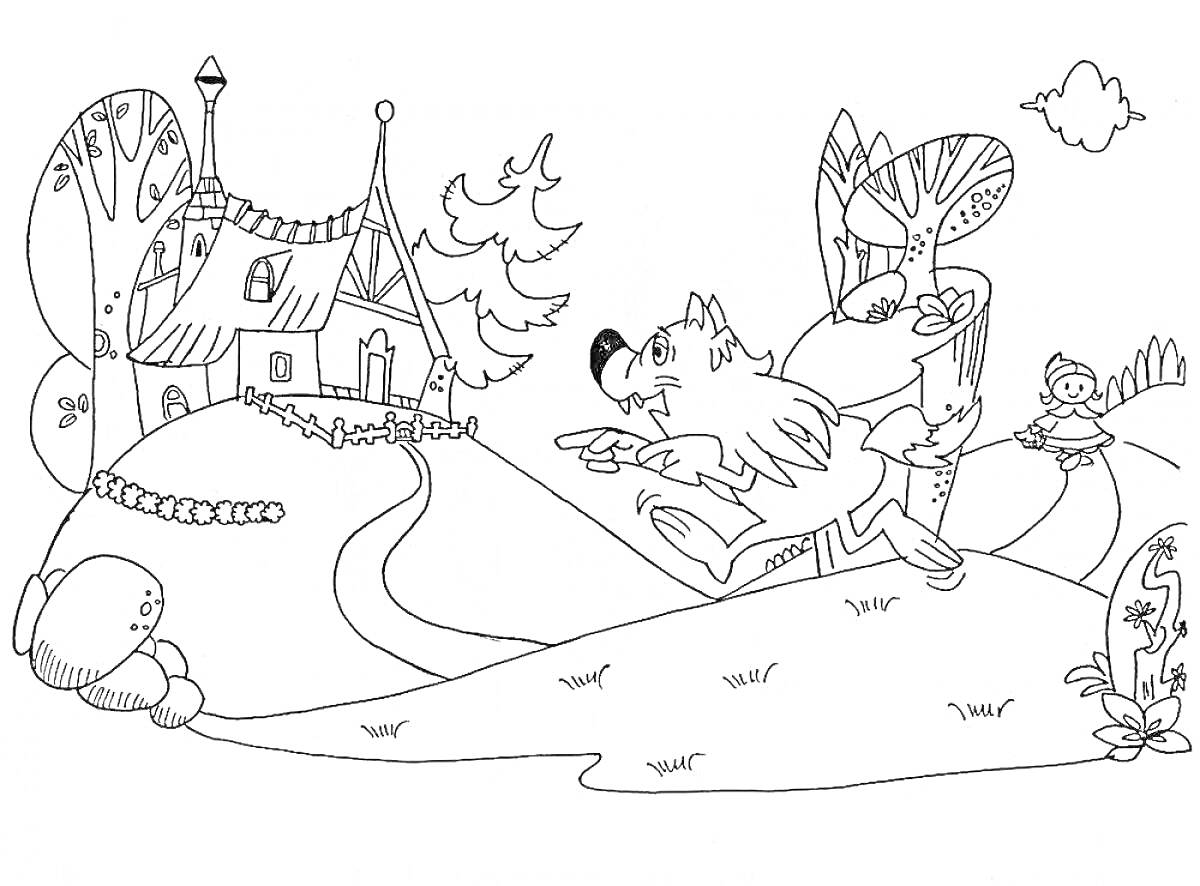 Раскраска Домик с ёлками и персонажами на холмах