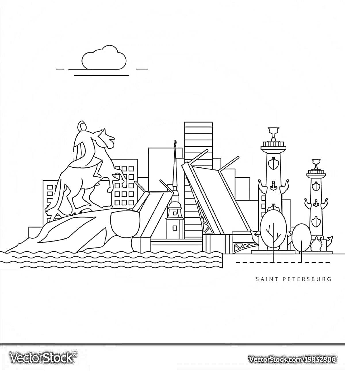 Раскраска Панорама Санкт-Петербурга с Ростральными колоннами, скульптурой Медного всадника и поднятыми мостами