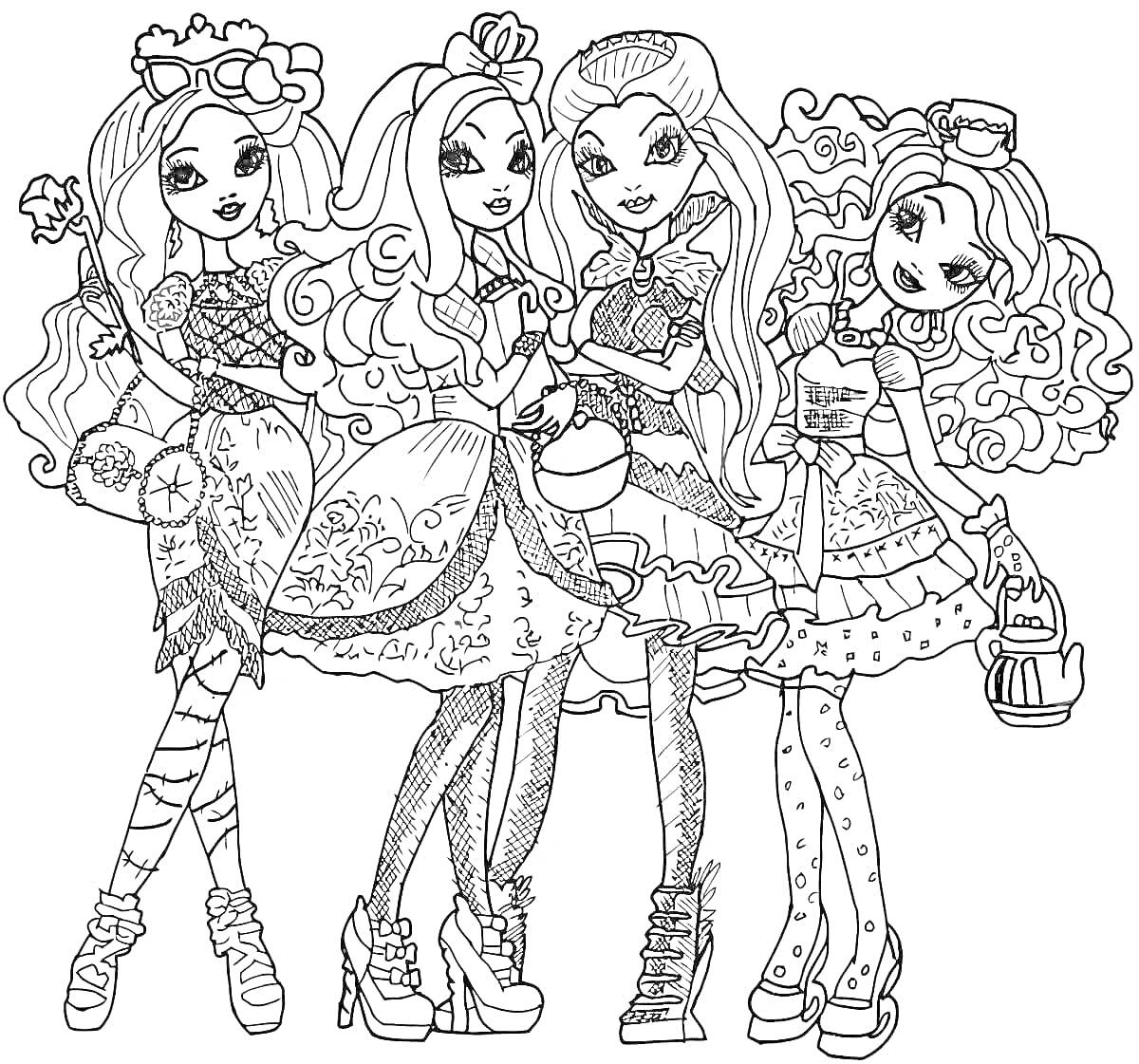 Раскраска Четыре куклы из серии Cave Club с различными прическами и нарядами, стоящие в ряд и улыбающиеся. У каждой куклы есть свой уникальный аксессуар - факел, чайник и другие.