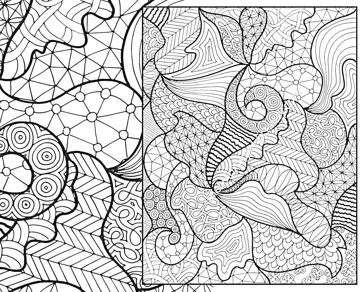 Раскраска Абстрактный узор с листом, геометрические фигуры, окружности и волнистые линии