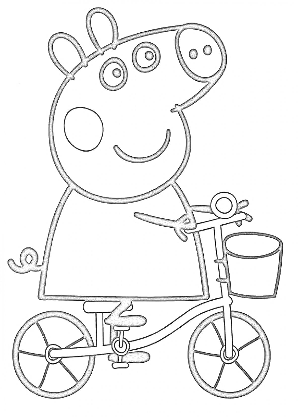 Раскраска Свинка Пеппа едет на велосипеде с корзинкой