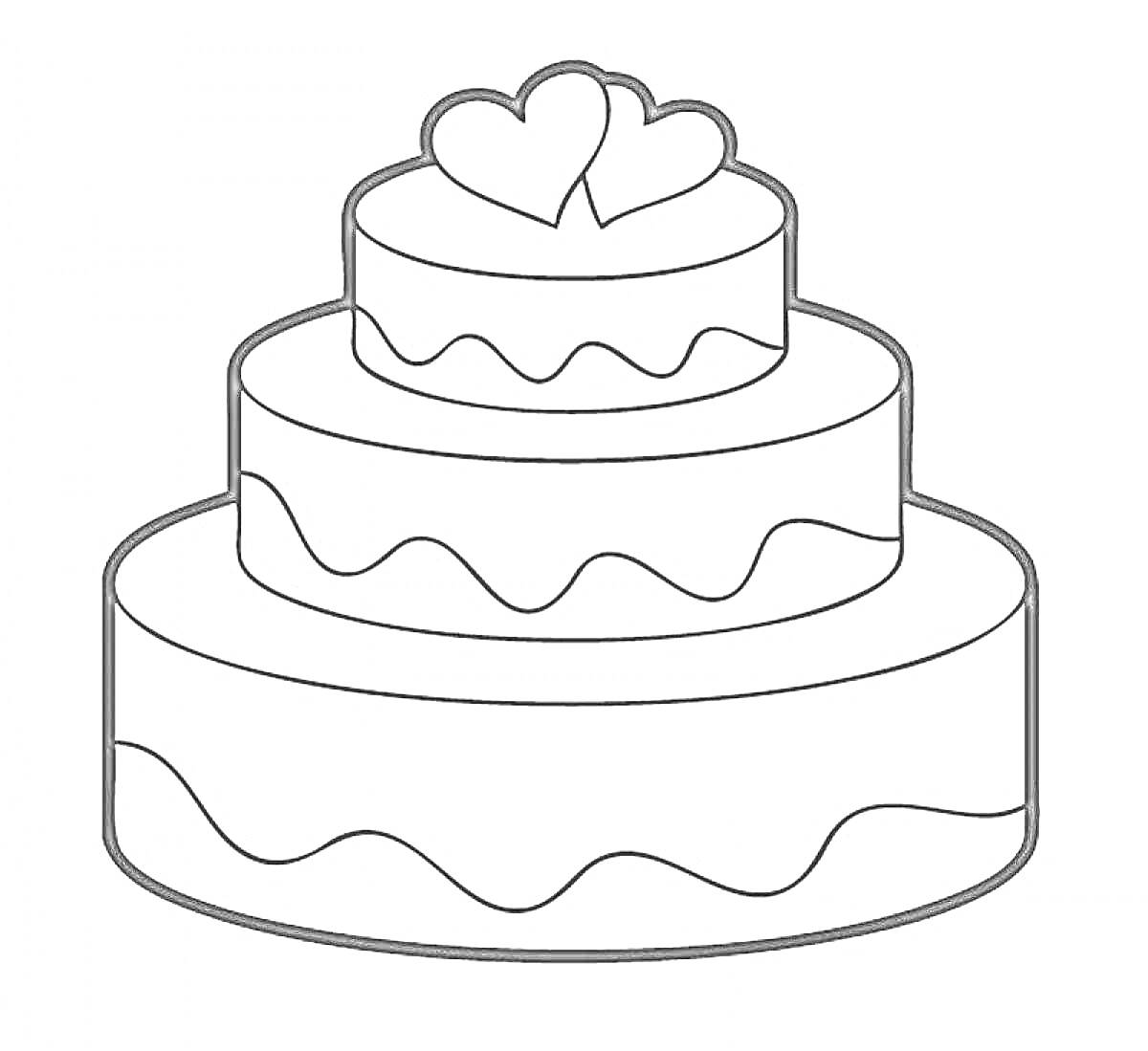 На раскраске изображено: Торт, Волнистые линии, Для детей, Сердца