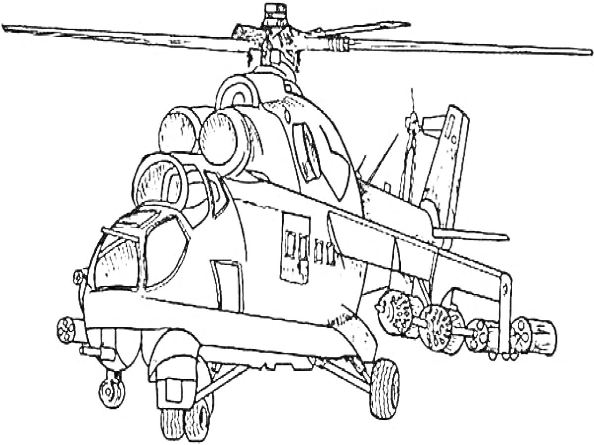 На раскраске изображено: Военный вертолет, Лопасти, Вооружение, Авиация, Транспорт