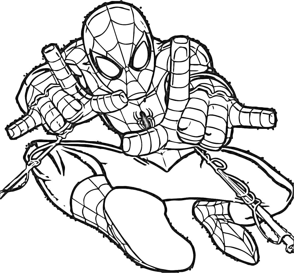 Человек-паук выпускает паутину, в динамичной позе с согнутыми ногами, маска с глазками, костюм с паутинным рисунком, символ паука на груди.