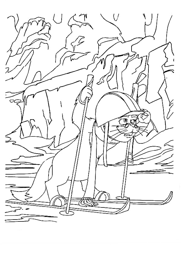Раскраска Кот на лыжах в горах