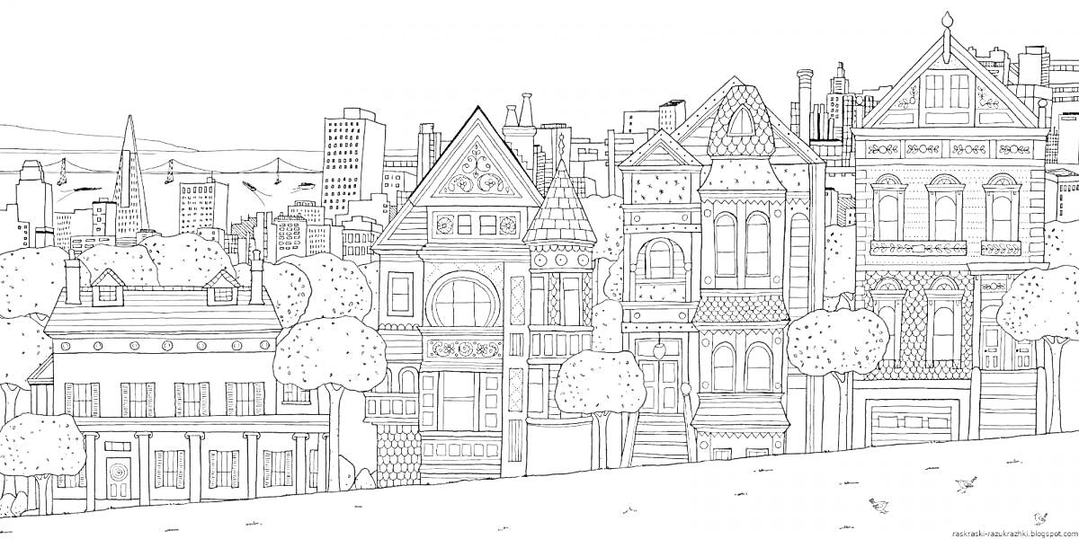 Раскраска Городская улица с домами викторианского стиля и деревьями на переднем плане, с современными зданиями и горами на заднем плане