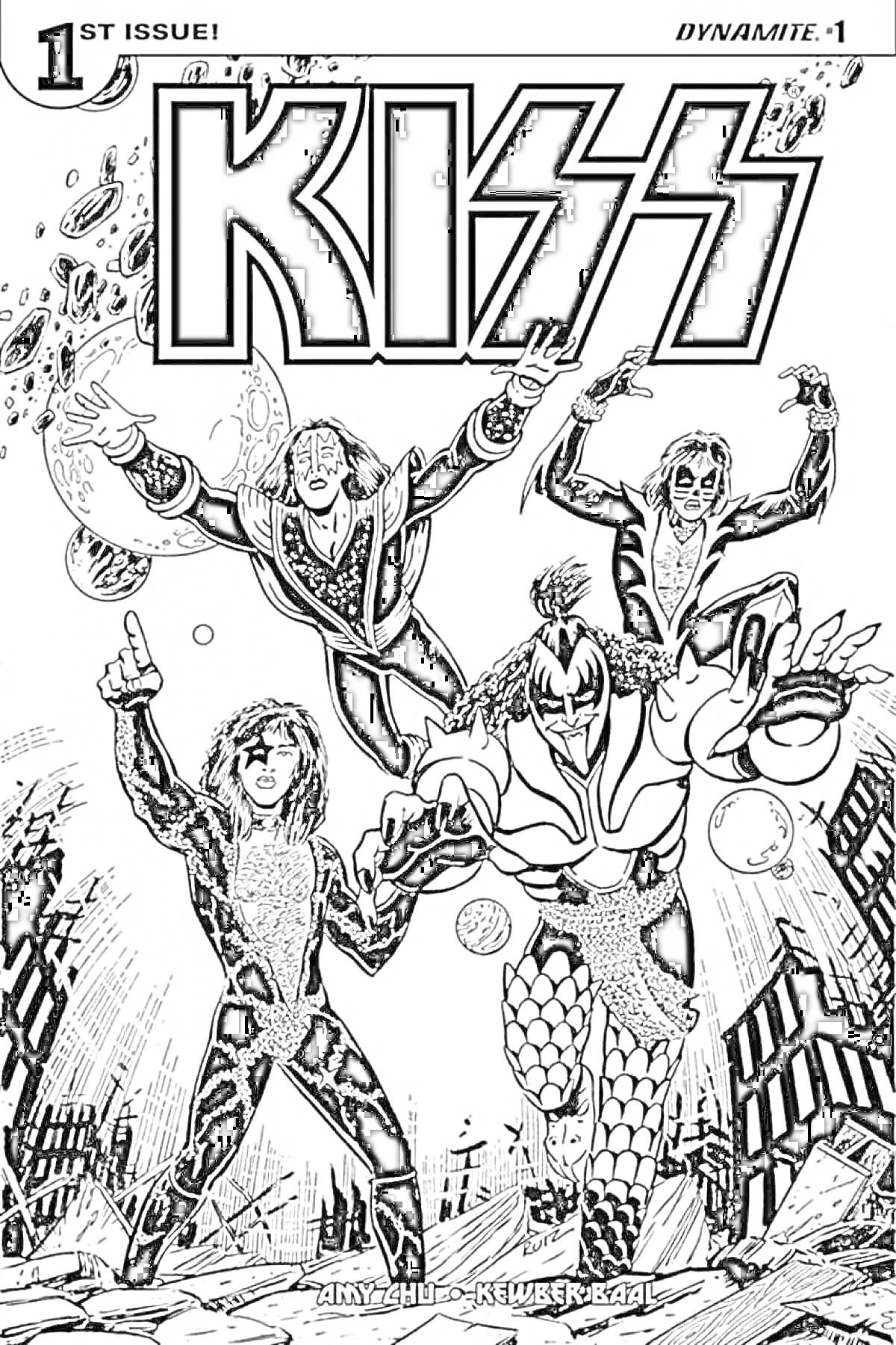 На раскраске изображено: Kiss, Обложка, Участники группы, Разрушенный город, Супергерои, Рок-группа