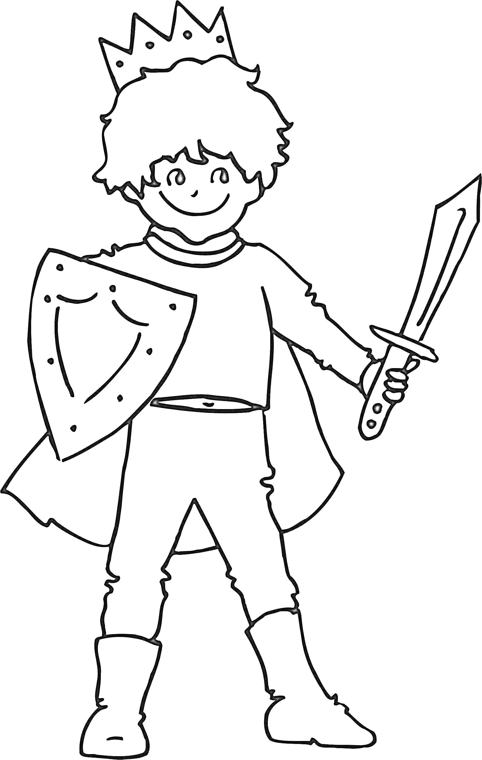 Раскраска Ребенок с мечом и щитом в короне и плаще